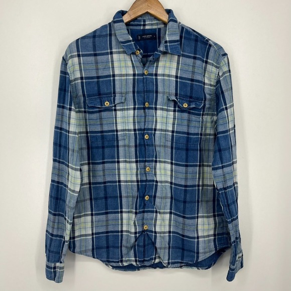 Lucky Brand Long Sleeve Button Shirt Men's Size L Blue Flannel Plaid Cotton - Picture 1 of 9